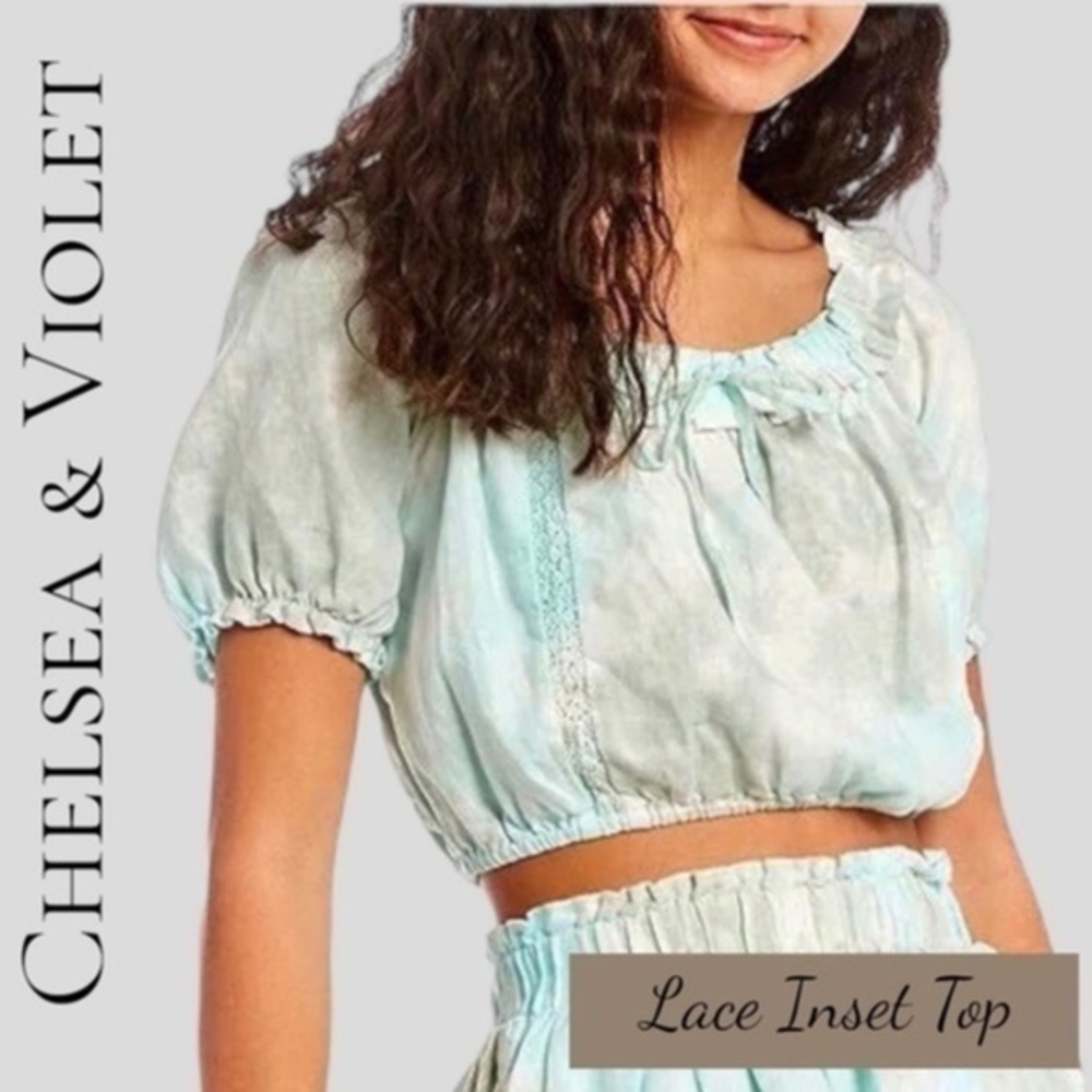 NWT CHELSEA & VIOLET Puff Sleeve Scoop Neck Lace Inset LINEN Crop Top/XL